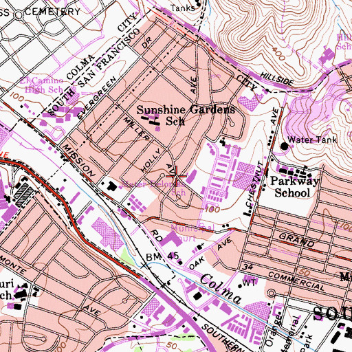 Topographic Map of Mater Dolorosa School, CA