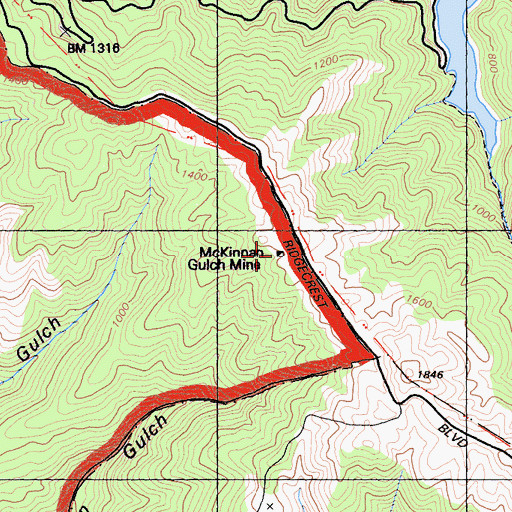 Topographic Map of McKinnan Gulch Mine, CA