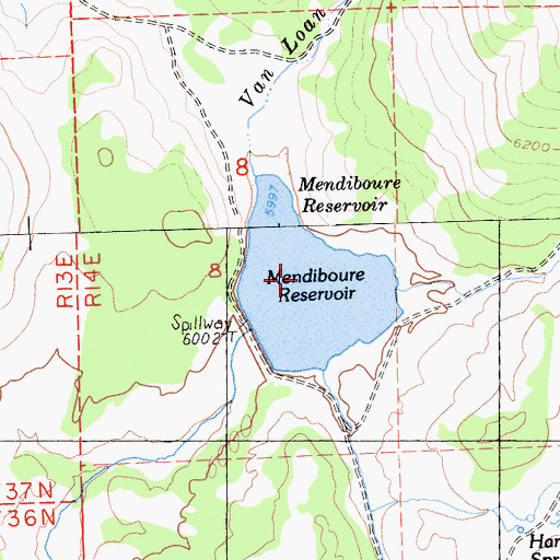 Topographic Map of Mendiboure Reservoir, CA