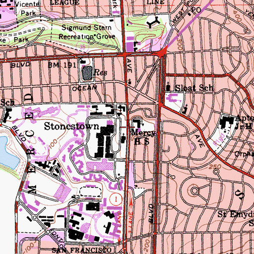 Topographic Map of Mercy High School, CA