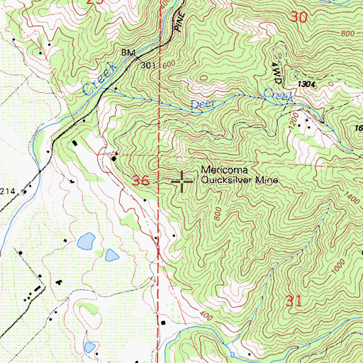 Topographic Map of Mericoma Quicksilver Mine, CA