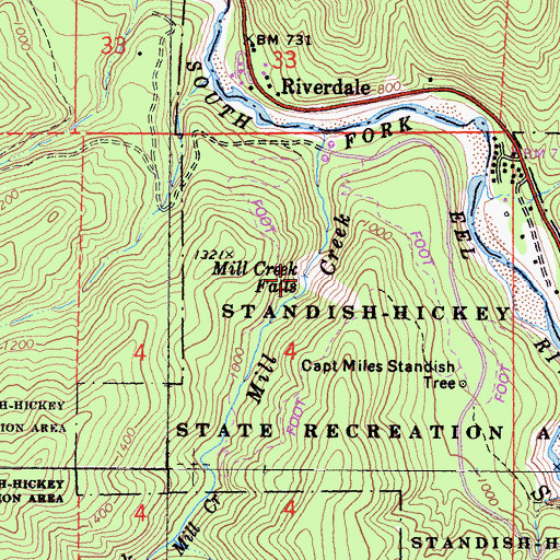 Topographic Map of Mill Creek Falls, CA
