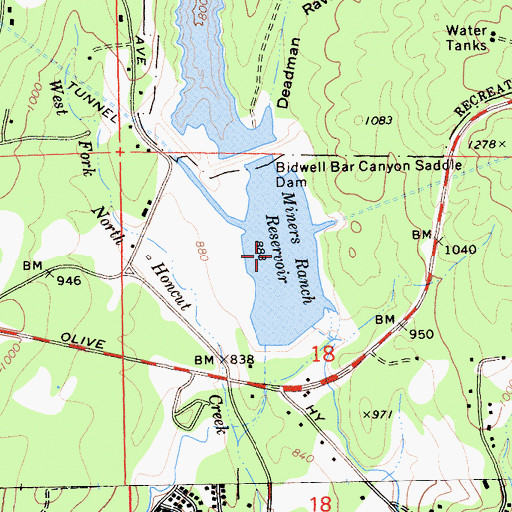 Topographic Map of Miners Ranch Reservoir, CA