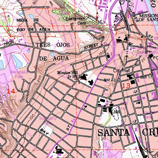 Topographic Map of Mission Hill Middle School, CA