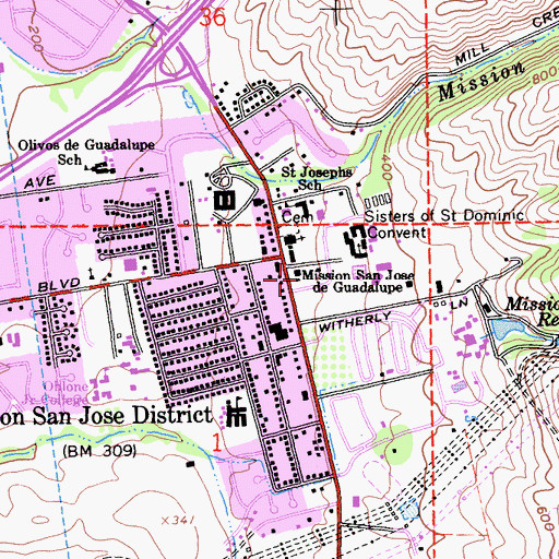 Topographic Map of Mission San Jose de Guadalupe, CA