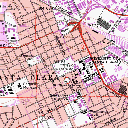 Topographic Map of Mission Santa Clara de Asis, CA