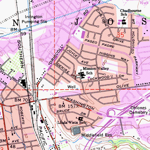 Topographic Map of Mission Valley Elementary School, CA