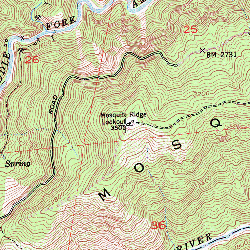 Topographic Map of Mosquito Ridge Lookout, CA