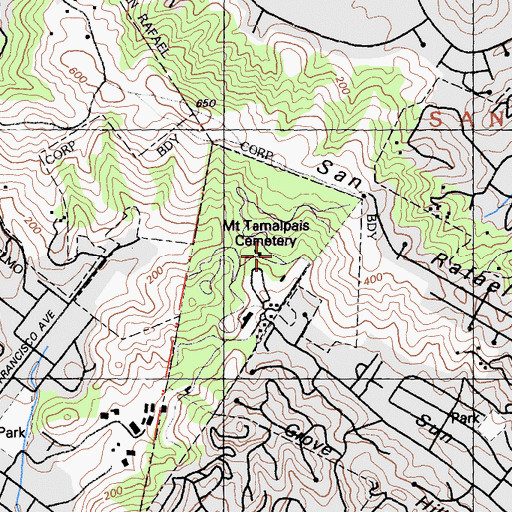 Topographic Map of Mount Tamalpais Cemetery, CA