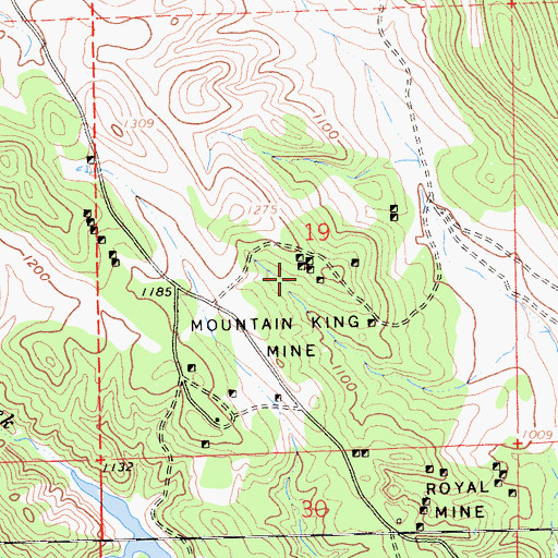 Topographic Map of Mountain King Mine, CA