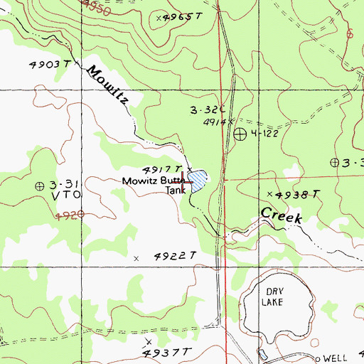 Topographic Map of Mowitz Butte Tank, CA
