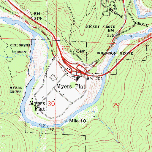 Topographic Map of Myers Flat, CA