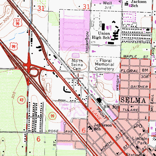 Topographic Map of North Selma Cemetery, CA