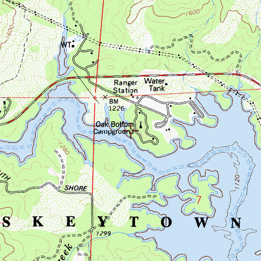 Topographic Map of Oak Bottom Campground, CA