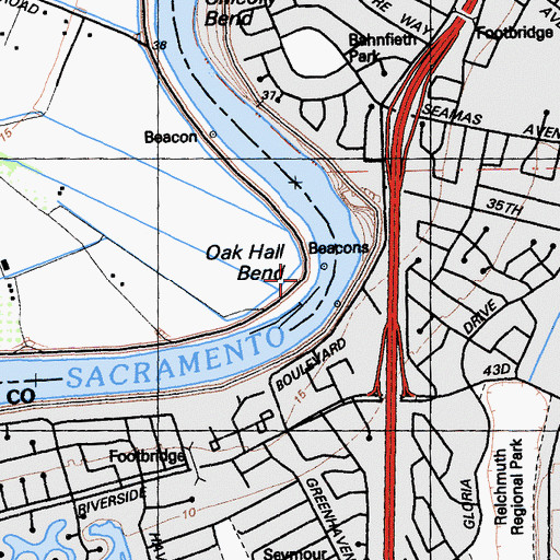 Topographic Map of Oak Hall Bend, CA