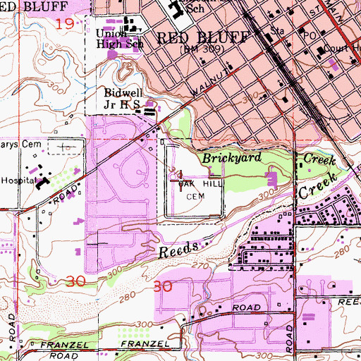 Topographic Map of Oak Hill Cemetery, CA