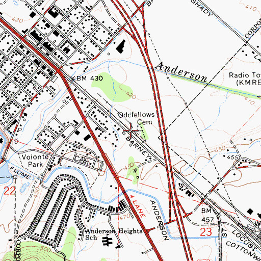 Topographic Map of Anderson Pioneer / Oddfellows Cemetery, CA