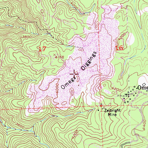 Topographic Map of Omega Diggings, CA