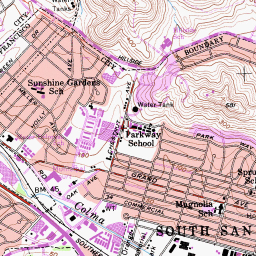 Topographic Map of Parkway Heights Middle School, CA