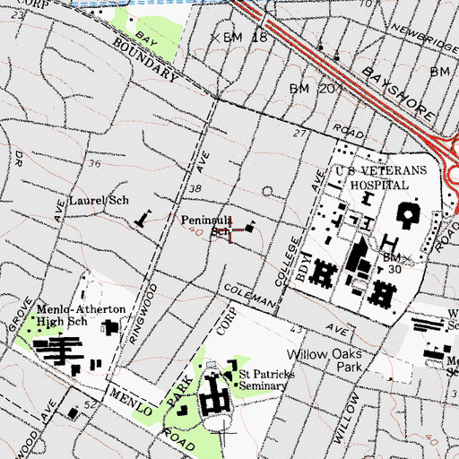 Topographic Map of Peninsula School, CA