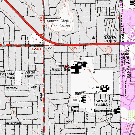 Topographic Map of Peterson Middle School, CA