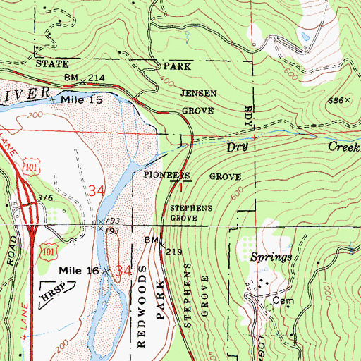 Topographic Map of Pioneers Grove, CA