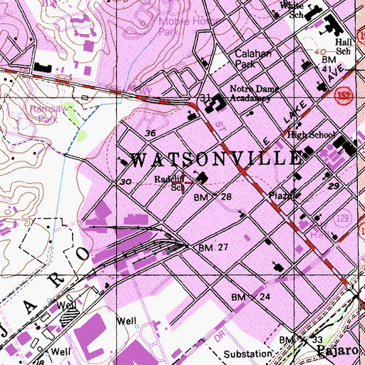 Topographic Map of Watsonville-Aptos Adult School, CA