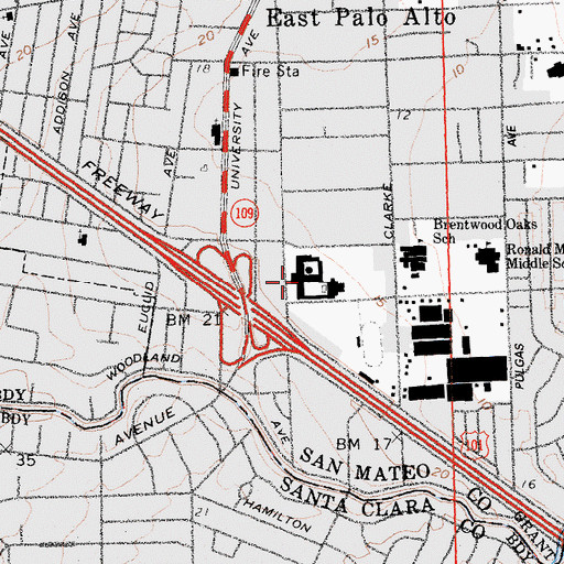 Topographic Map of Ravenswood High School (historical), CA