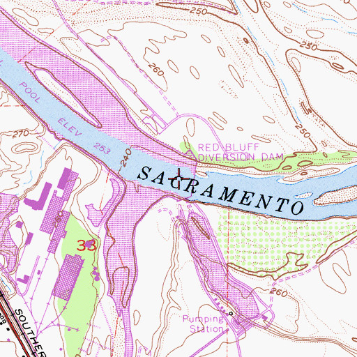Topographic Map of Red Bluff Diversion Dam, CA