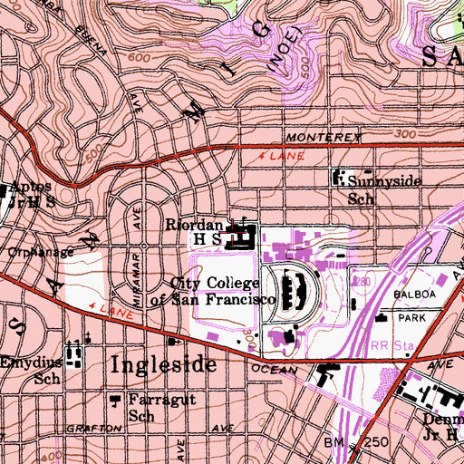 Topographic Map of Archbishop Riordan High School, CA