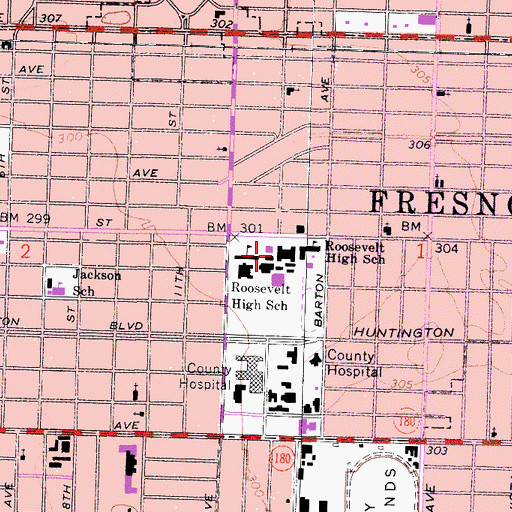 Topographic Map of Roosevelt High School, CA