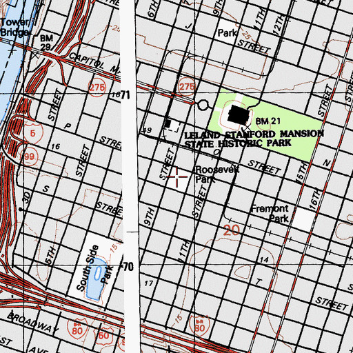 Topographic Map of Roosevelt Park, CA