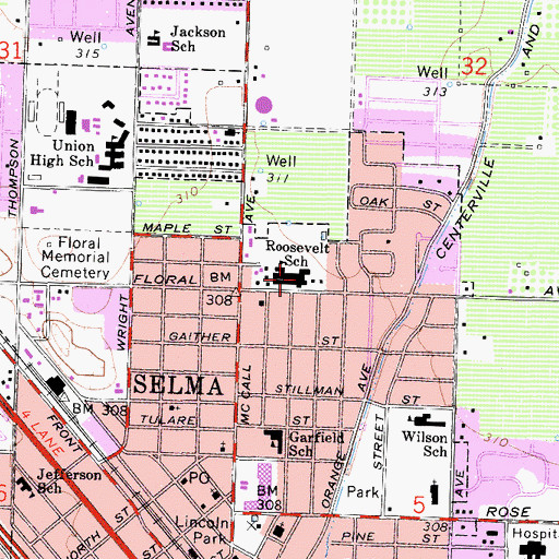 Topographic Map of Theodore Roosevelt Elementary School, CA