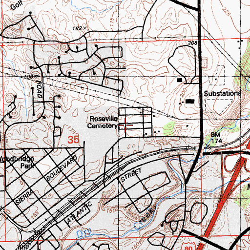 Topographic Map of Roseville Cemetery, CA