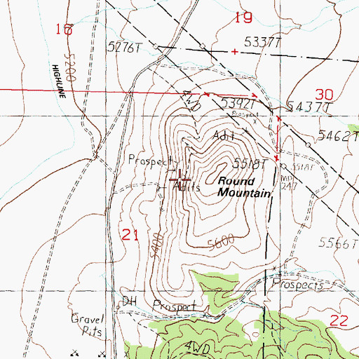 Topographic Map of Round Mountain, CA