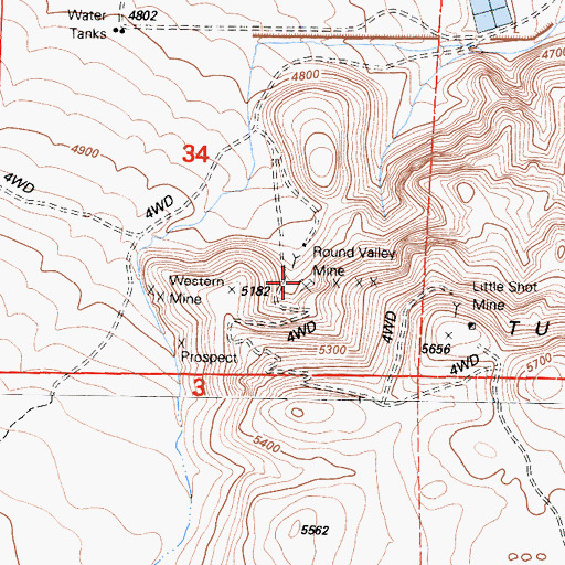 Topographic Map of Round Valley Mine, CA