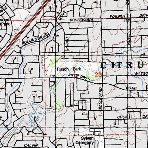 Topographic Map of Rusch Park, CA