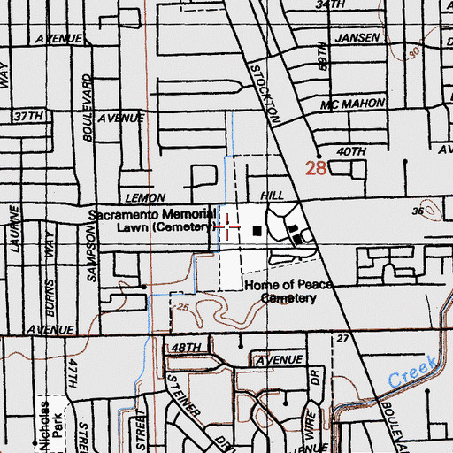 Topographic Map of Sacramento Memorial Lawn Cemetery, CA
