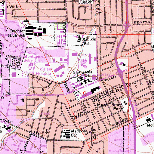 Topographic Map of Saint Justin Elementary School, CA