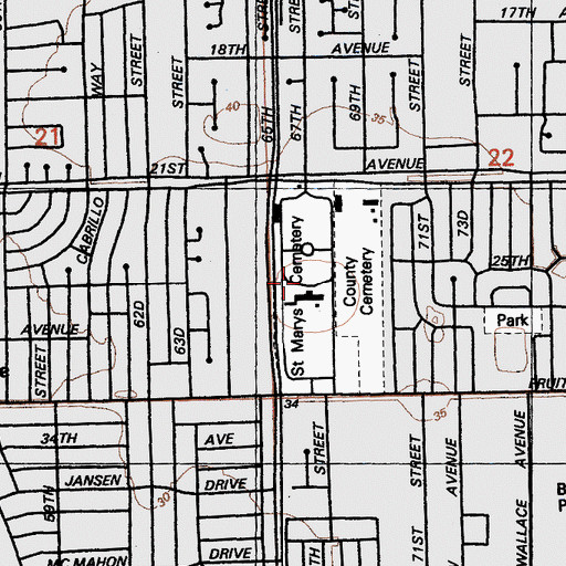 Topographic Map of Saint Mary Cemetery, CA