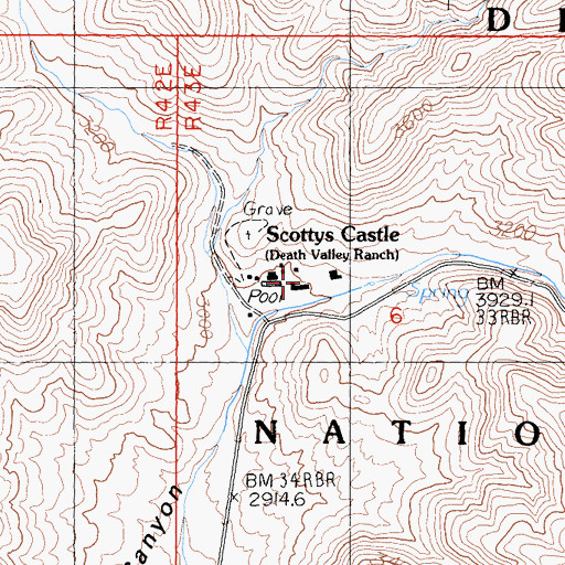 Topographic Map of Scottys Castle, CA