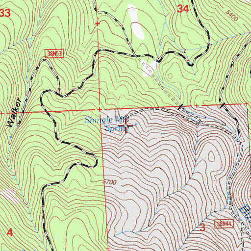 Topographic Map of Shingle Mill Spring, CA
