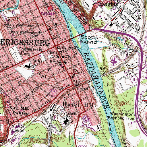 Topographic Map of Fredericksburg Fire Department Station 1, VA