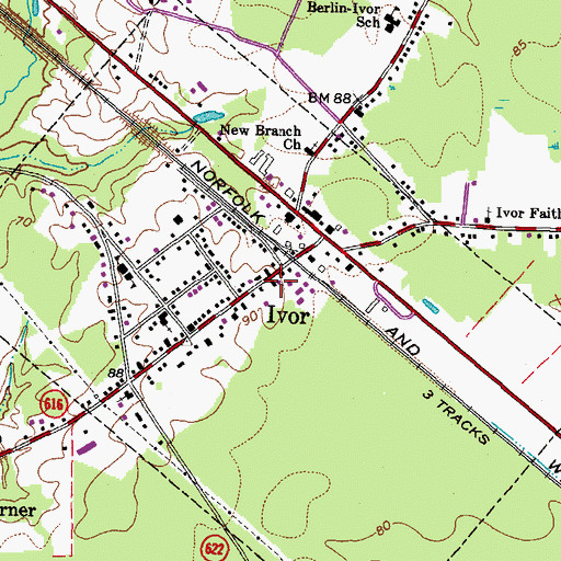 Topographic Map of Ivor Volunteer Fire Department, VA