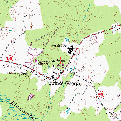 Topographic Map of Prince George Fire Emergency Medical Services and Emergency Management, VA