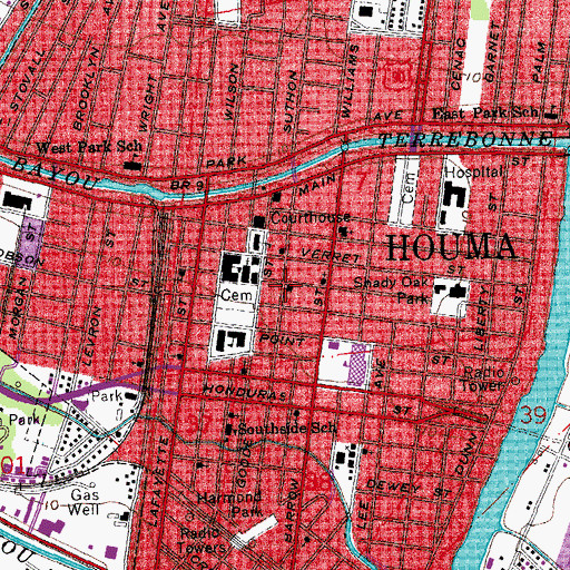 Topographic Map of Houma Fire Department Central Station, LA