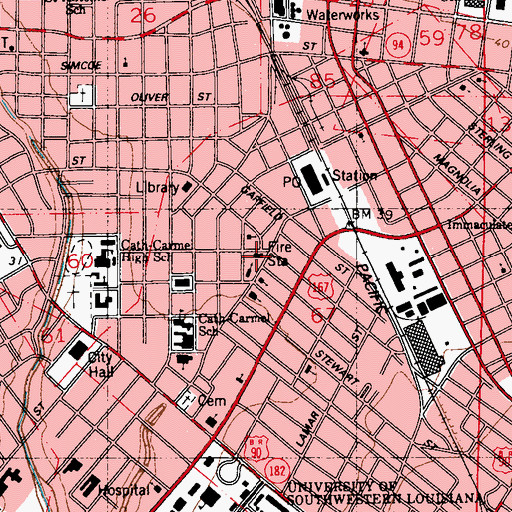 Topographic Map of Lafayette Fire Department Station 1, LA