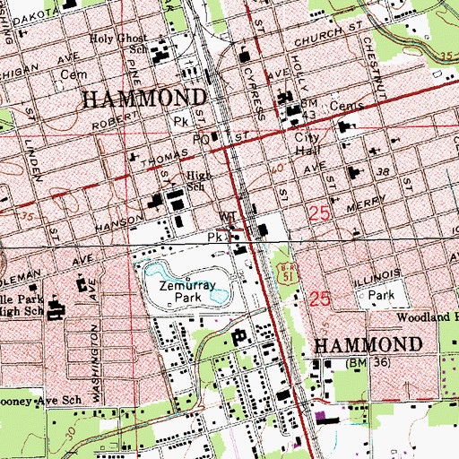 Topographic Map of Hammond Fire Department Central Station, LA