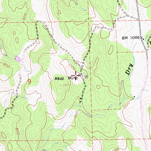 Topographic Map of Akoz Mine, CA
