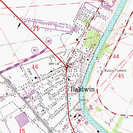 Topographic Map of Baldwin Police Department, LA